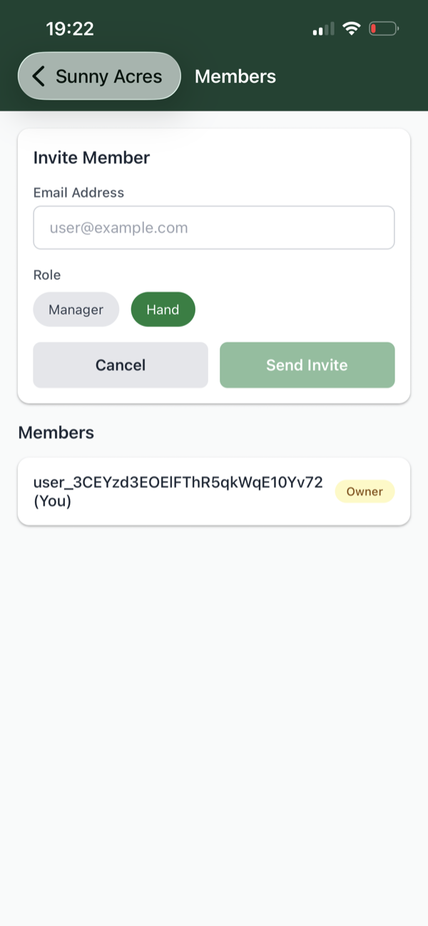 Invite members screen with email and role-based permissions