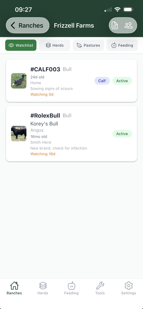 Watchlist of animals needing attention with notes and day counters